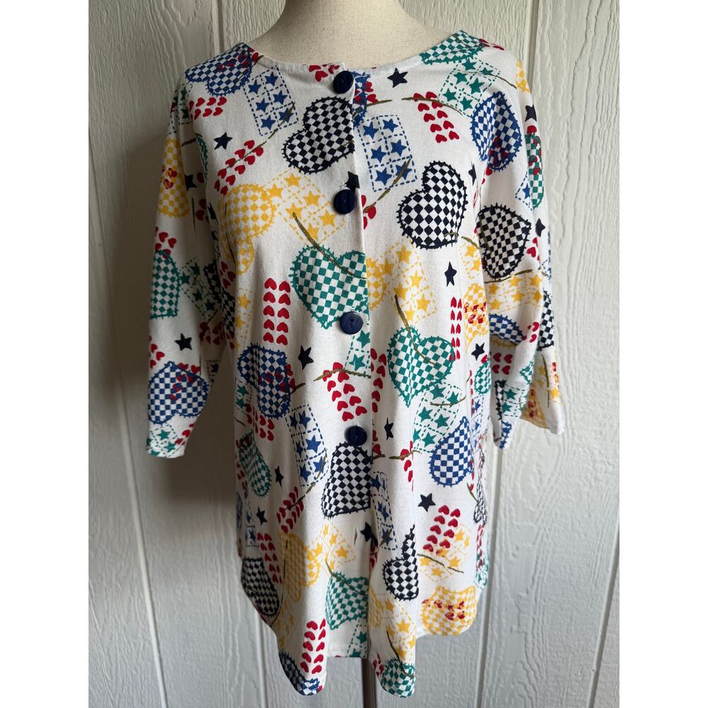 Vintage Act III Heart Print Blouse Button Front Novelty Checker Star Top Medium
